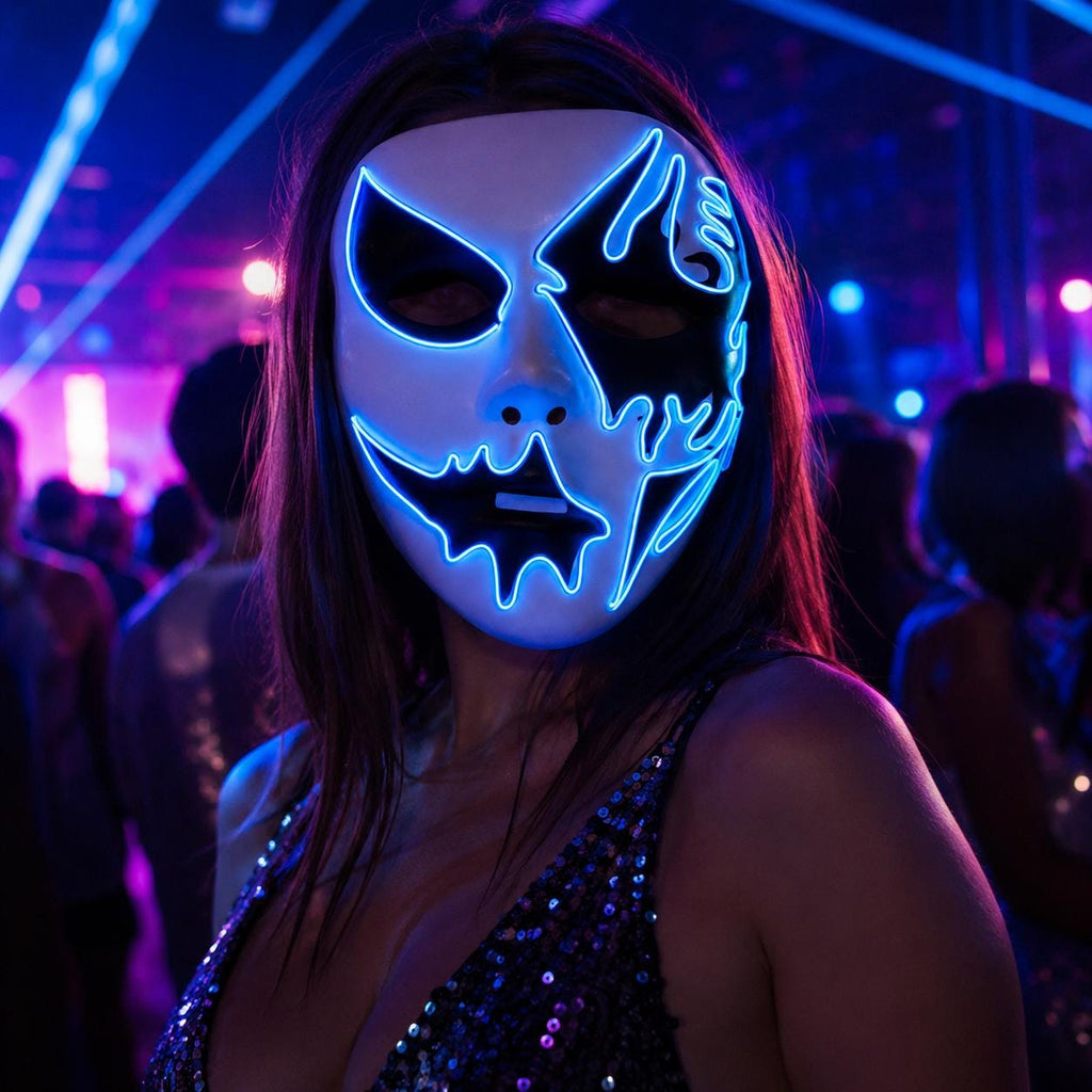 LED Hand Painted Horror Mask – Glowing Masquerade Rave Cosplay Face