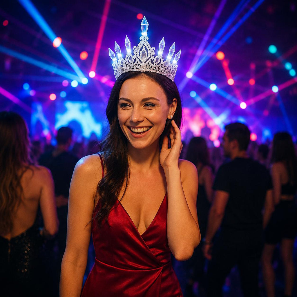LED Glowing Crystal Pearl Tiara Crown for Women, Light Up Princess Headpiece, Wedding Bridal Crown, Rave Party & Masquerade Party Headwear
