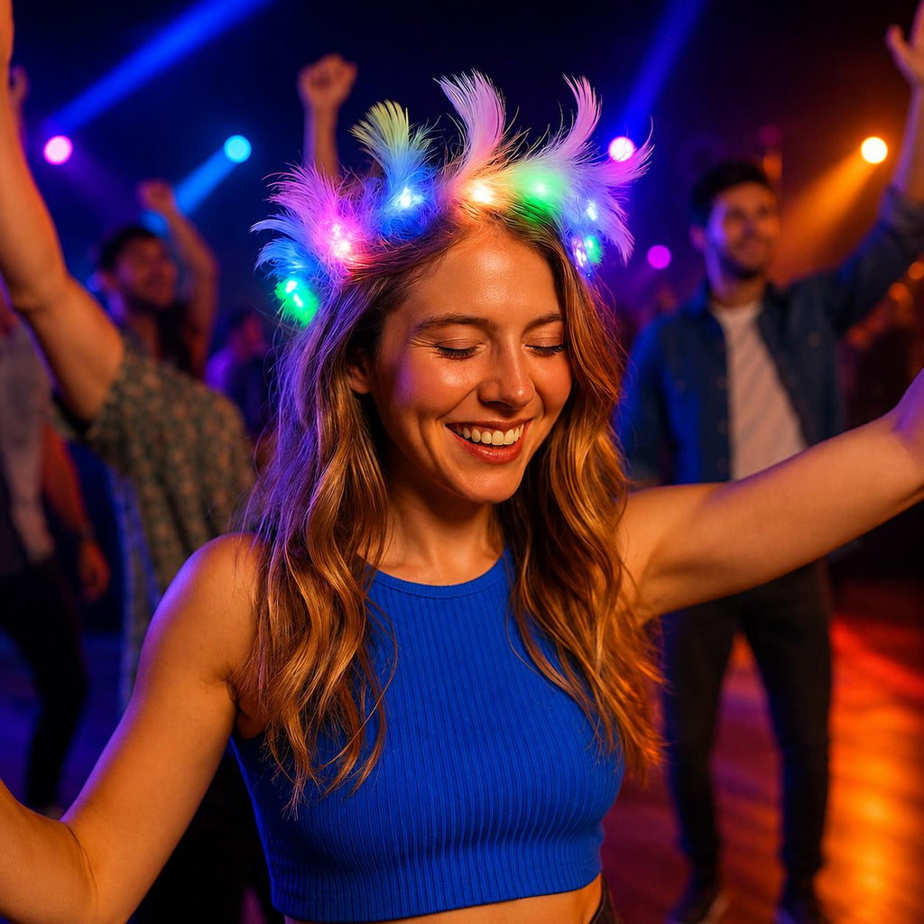 LED Feather Crown Headband, Light Up Feather Wreath Headdress, Rave Party Headpiece, Masquerade Party Accessory, Carnival Party Crown
