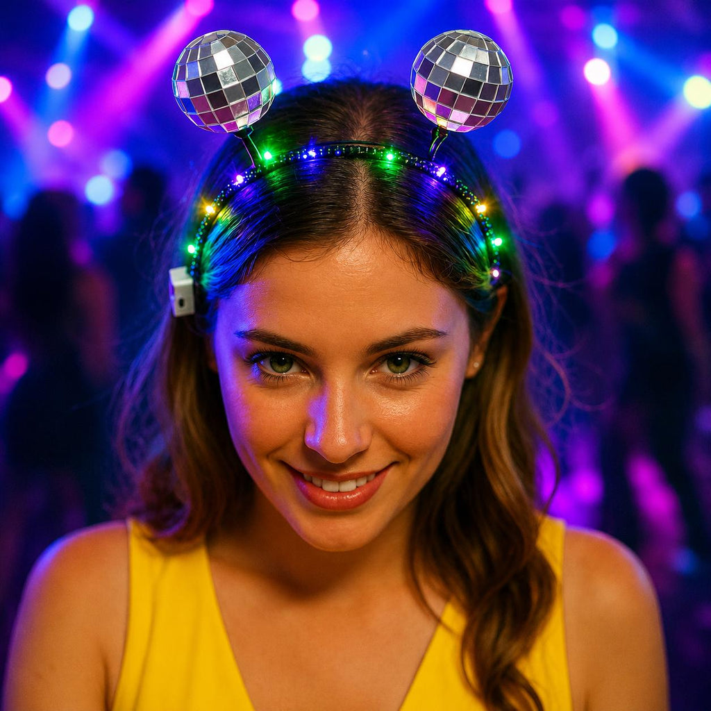 LED Disco Ball Hairband – Light Up Festival Headband for Rave Party, Carnival Party & Masquerade Party, Sparkly Mirror Ball Headpiece