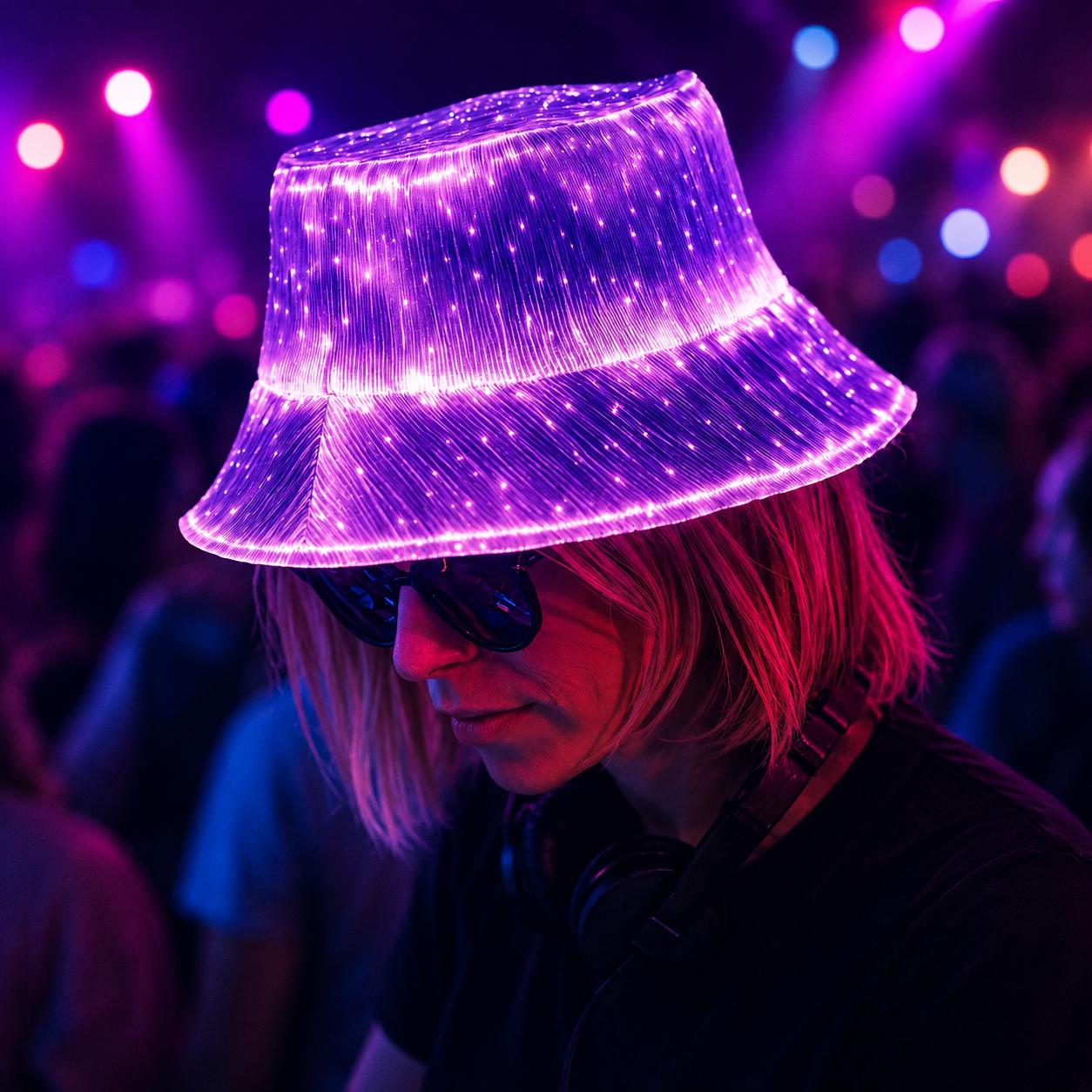 LED Fiber Optic Cyberpunk Bucket Hat – Multi Color Light Up Festival Hat for Rave Party, Carnival Party & Masquerade Party, Glowing Rave Hat