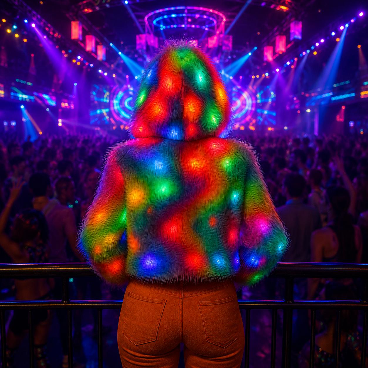LED Color Changing Hooded Jacket Women, Light Up Winter Coat, Multicolor LED Hoodie for Rave Party & Masquerade Party , LED Rave Jacket