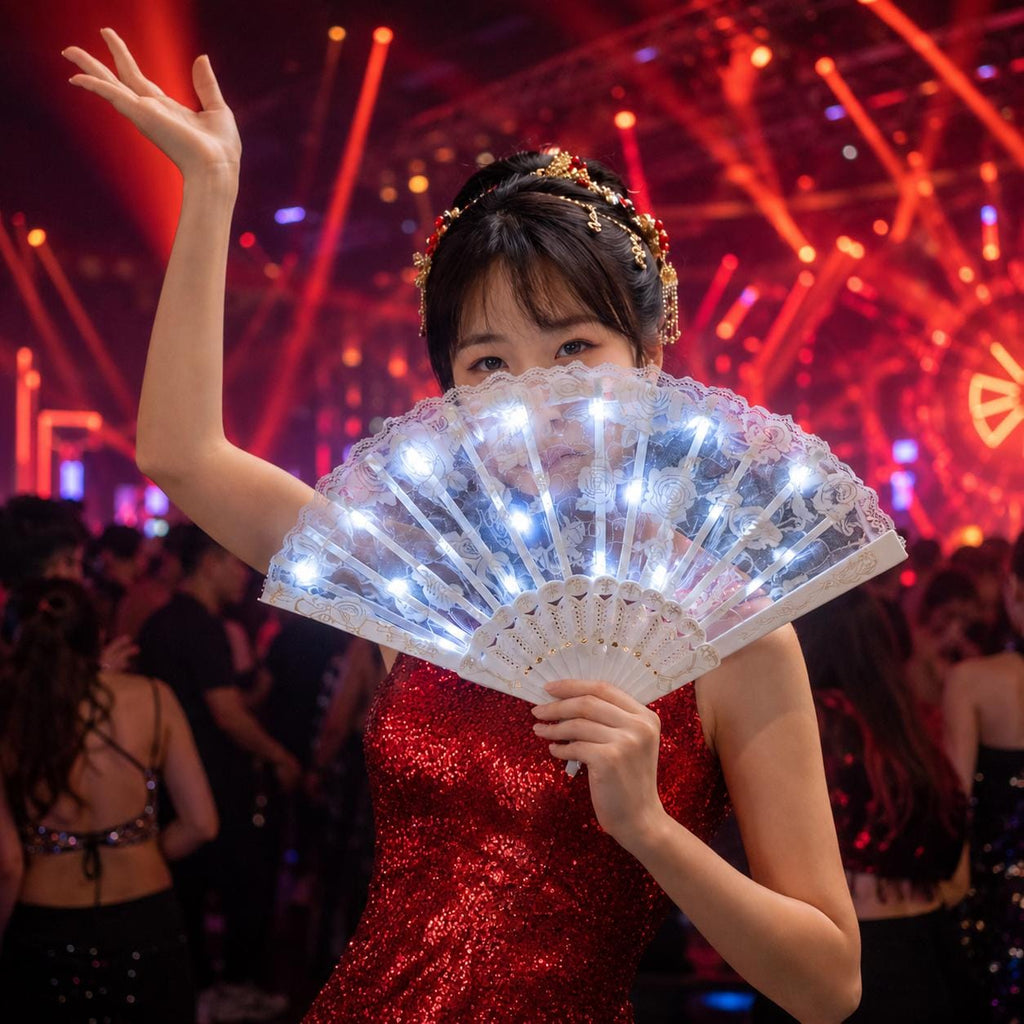 LED Glowing Lace Hand Fan for Women | Light Up Dance Fan for Rave Party, Masquerade Party & Carnival Party | Folding Luminous Rave Fan