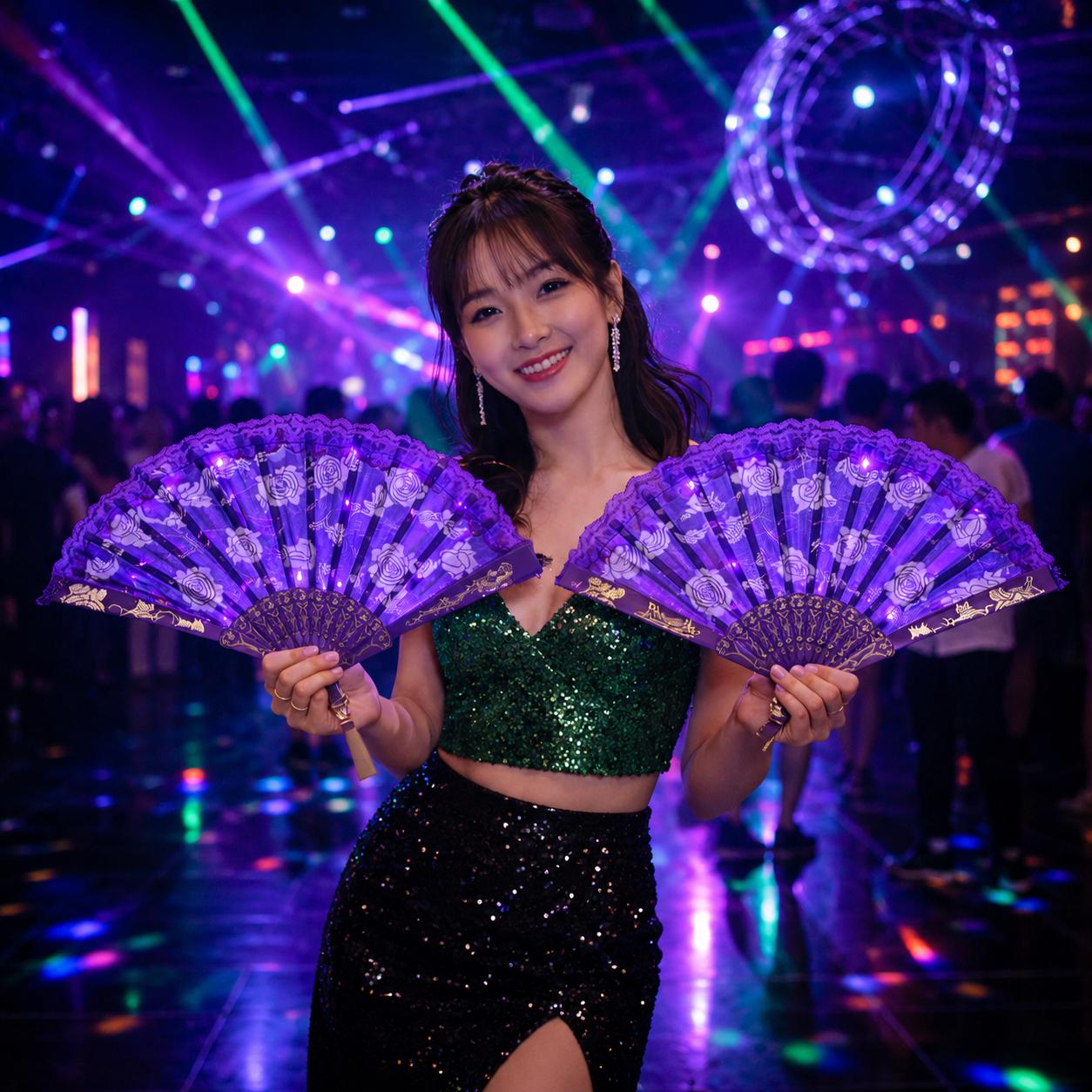 LED Glowing Lace Hand Fan for Women | Light Up Dance Fan for Rave Party, Masquerade Party & Carnival Party | Folding Luminous Rave Fan