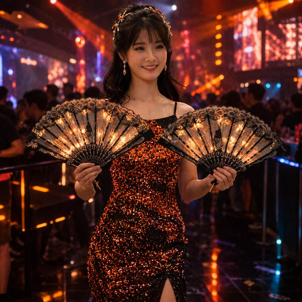 LED Glowing Lace Hand Fan for Women | Light Up Dance Fan for Rave Party, Masquerade Party & Carnival Party | Folding Luminous Rave Fan
