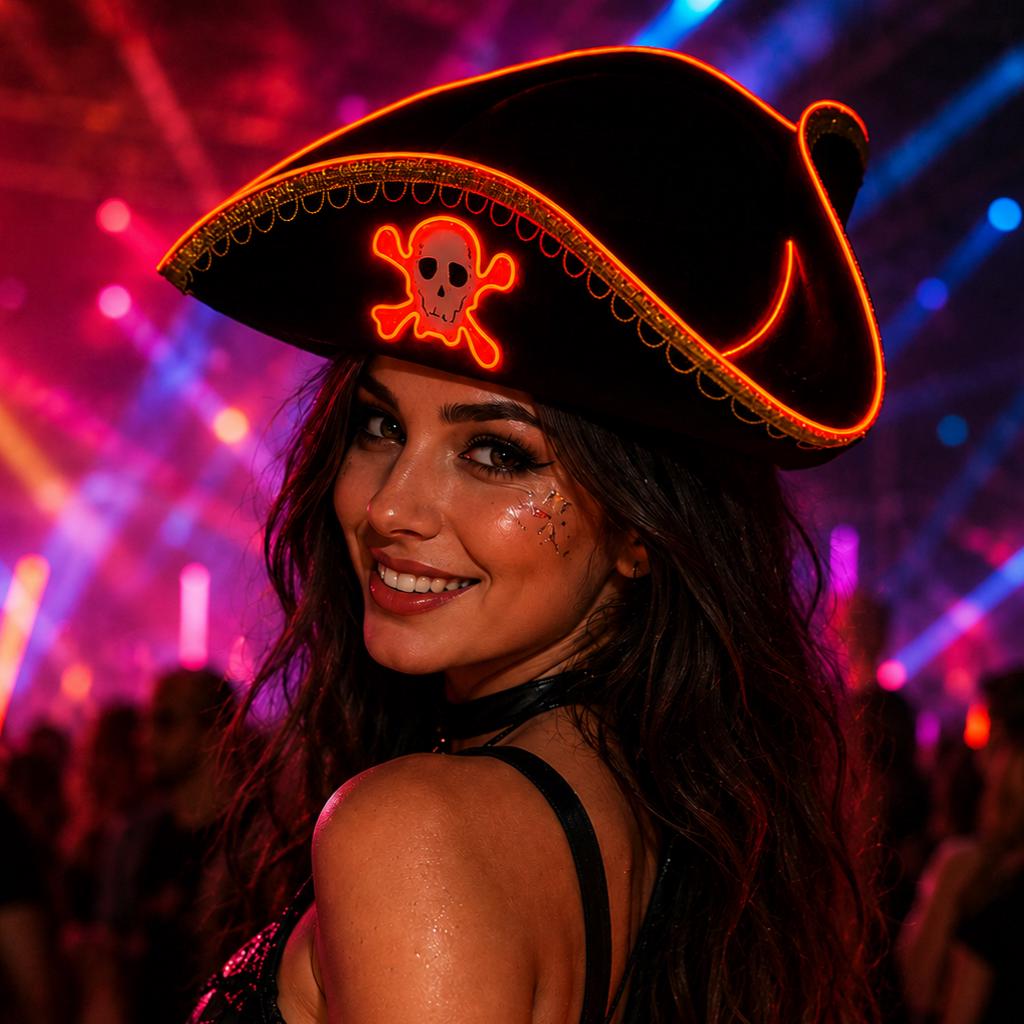 LED Rave Pirate Hat – Glowing Skull Captain Costume Cap for Rave Party