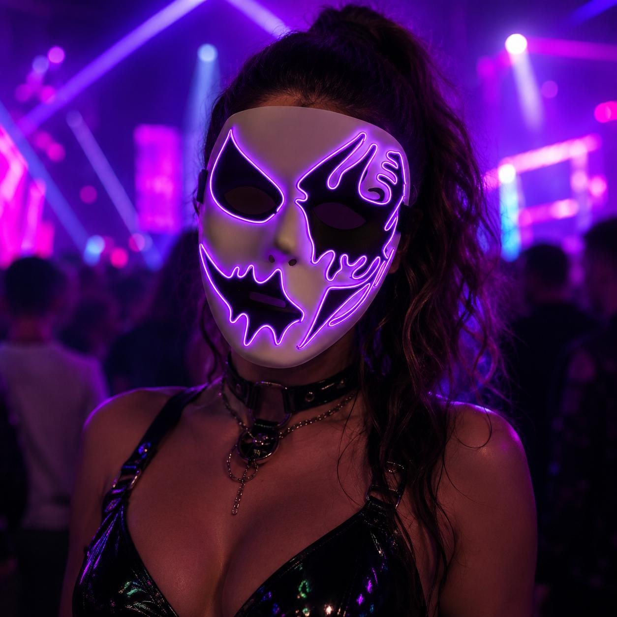 LED Hand Painted Horror Mask – Glowing Masquerade Rave Cosplay Face