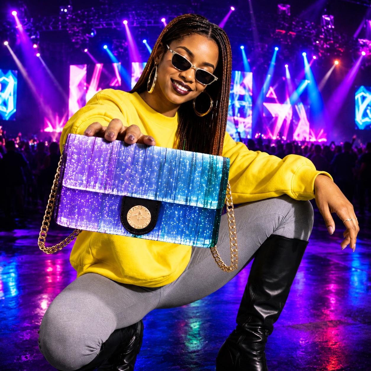 LED Fiber Optic Crossbody Bag, Light Up Shoulder Purse for Women, Color Changing Glow Handbag, Rave Party Accessories, Masquerade Party Bag