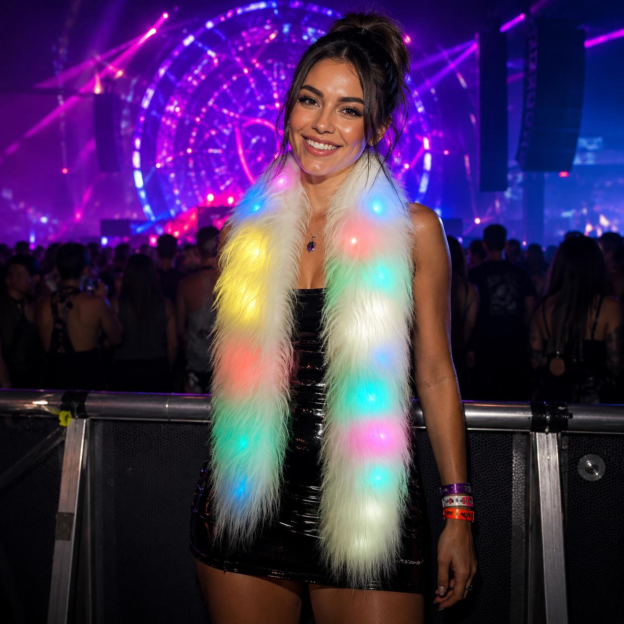 LED Faux Fur Scarf, Light Up Winter Scarf for Women, Warm Holiday Party Neck Wrap, Rave Party Fashion Accessory for Masquerade & Rave Party