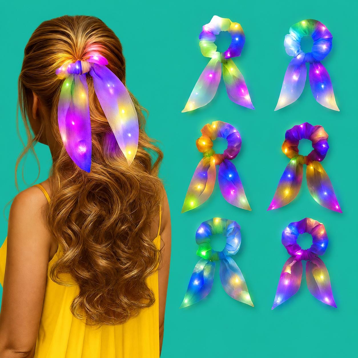 LED Rave Light Up Scrunchies for Girls & Women, Neon Glow Hair Scrunchie, Colorful Elastic Hair Tie For Rave Party and Masquerade Party