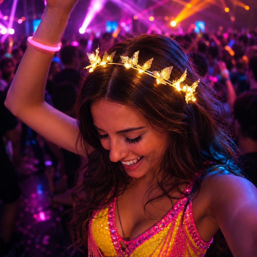 LED Butterfly Tiara Crown Headband for Women & Girls, Light Up Princess Headpiece, Gold Festival Hair Accessory, Bridal Rave Prom Costume