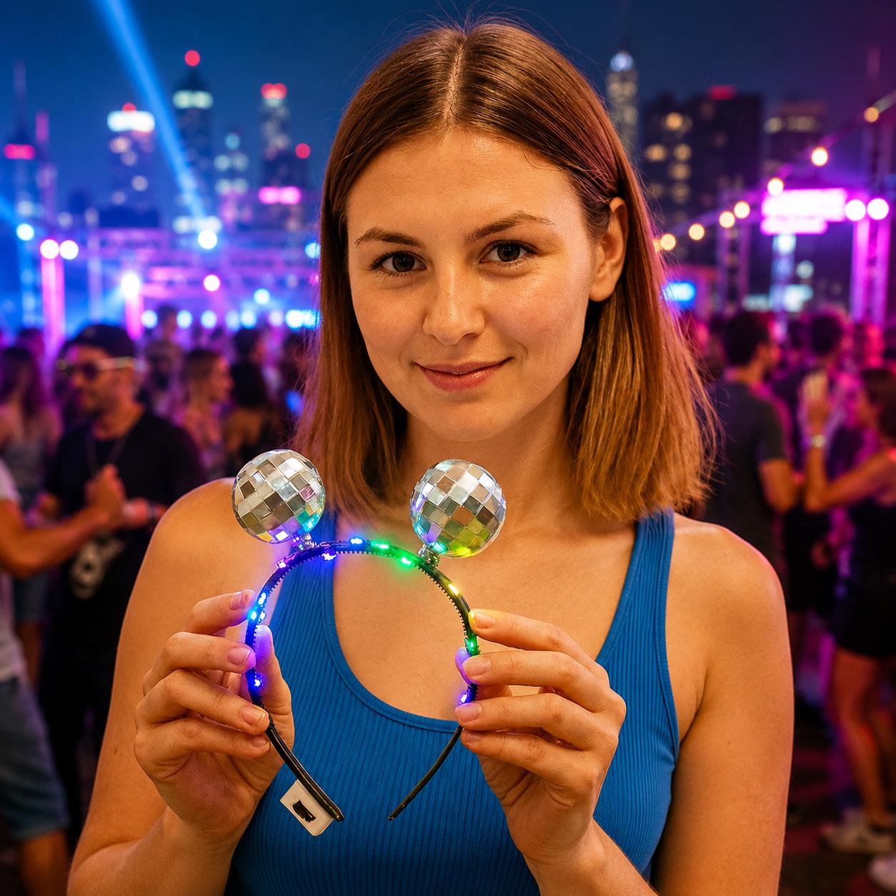 LED Disco Ball Hairband – Light Up Festival Headband for Rave Party, Carnival Party & Masquerade Party, Sparkly Mirror Ball Headpiece