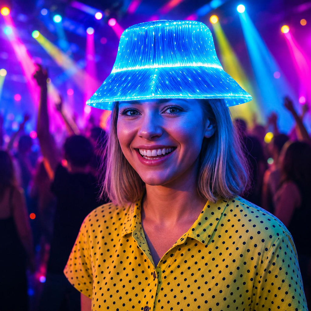 LED Fiber Optic Cyberpunk Bucket Hat – Multi Color Light Up Festival Hat for Rave Party, Carnival Party & Masquerade Party, Glowing Rave Hat
