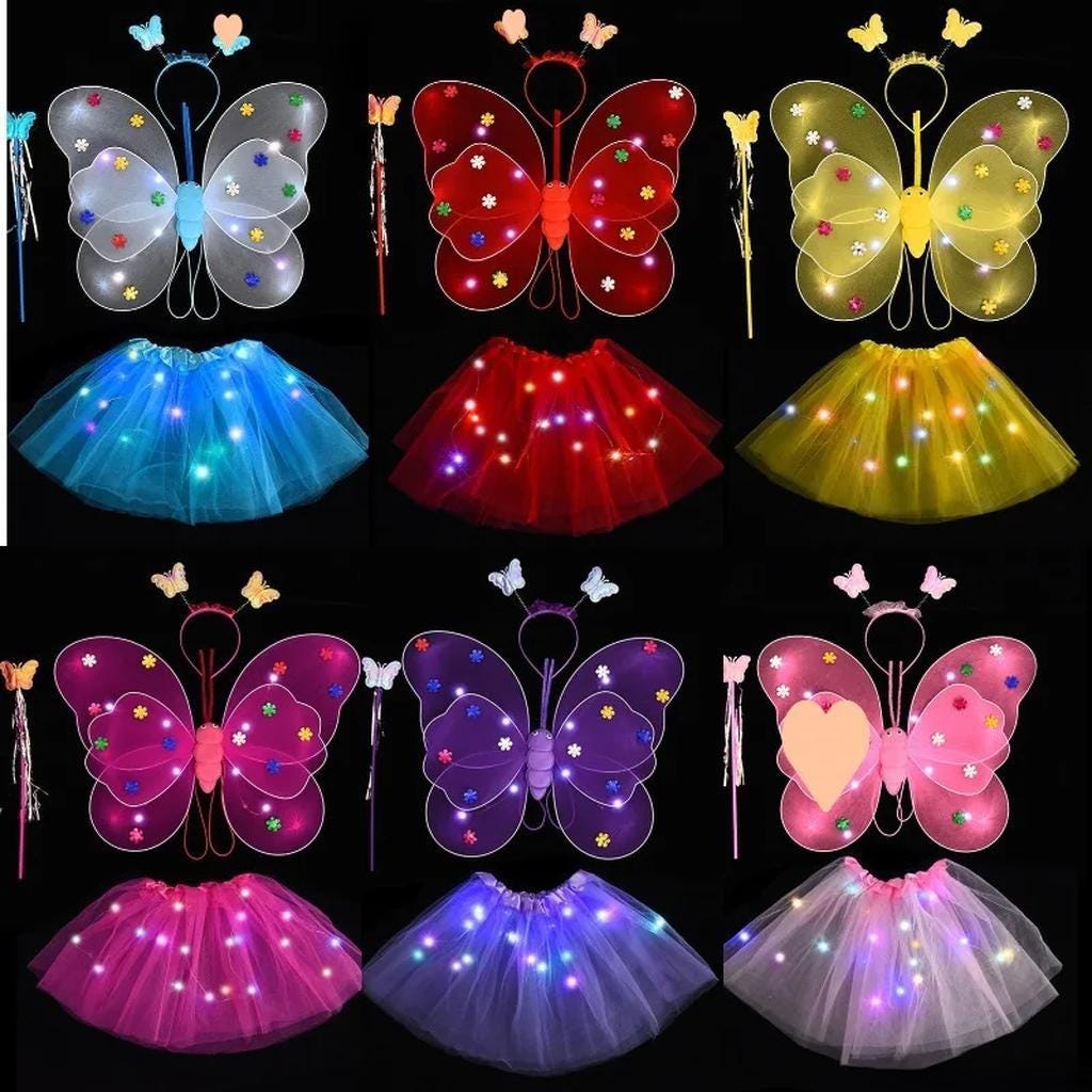 Kids LED Fairy Wings Costume Set – Light Up Butterfly Wings & Princess Skirt for Rave Party, Carnival Party and Masquerade Party