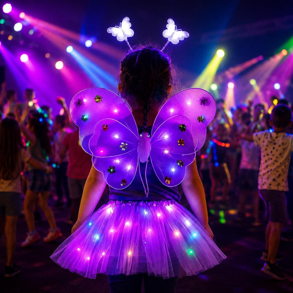 Kids LED Fairy Wings Costume Set – Light Up Butterfly Wings & Princess Skirt for Rave Party, Carnival Party and Masquerade Party
