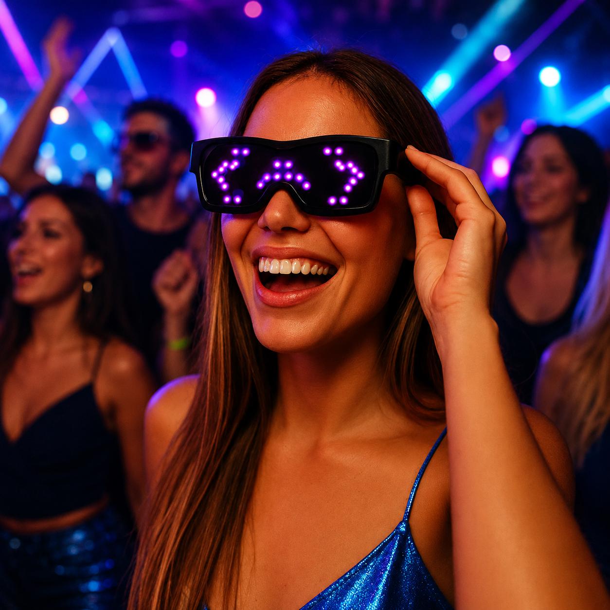 LED Rave Party Glasses App Control USB Rechargeable Custom Text Display Eyewear, Flashing Light Sunglasses for Rave Party, Masquerade Party