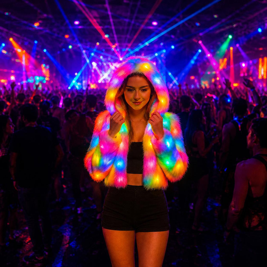 LED Color Changing Hooded Jacket Women, Light Up Winter Coat, Multicolor LED Hoodie for Rave Party & Masquerade Party , LED Rave Jacket