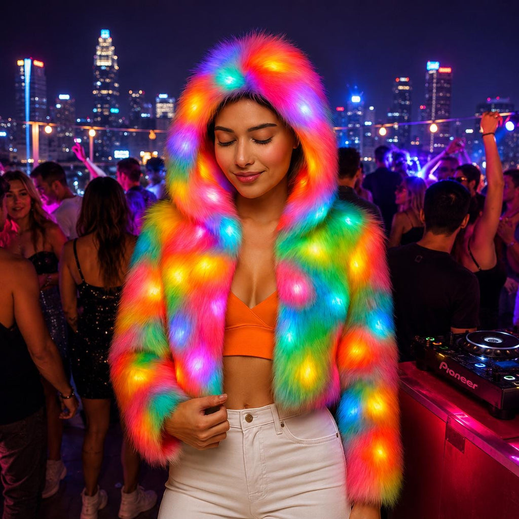 LED Color Changing Hooded Jacket Women, Light Up Winter Coat, Multicolor LED Hoodie for Rave Party & Masquerade Party , LED Rave Jacket