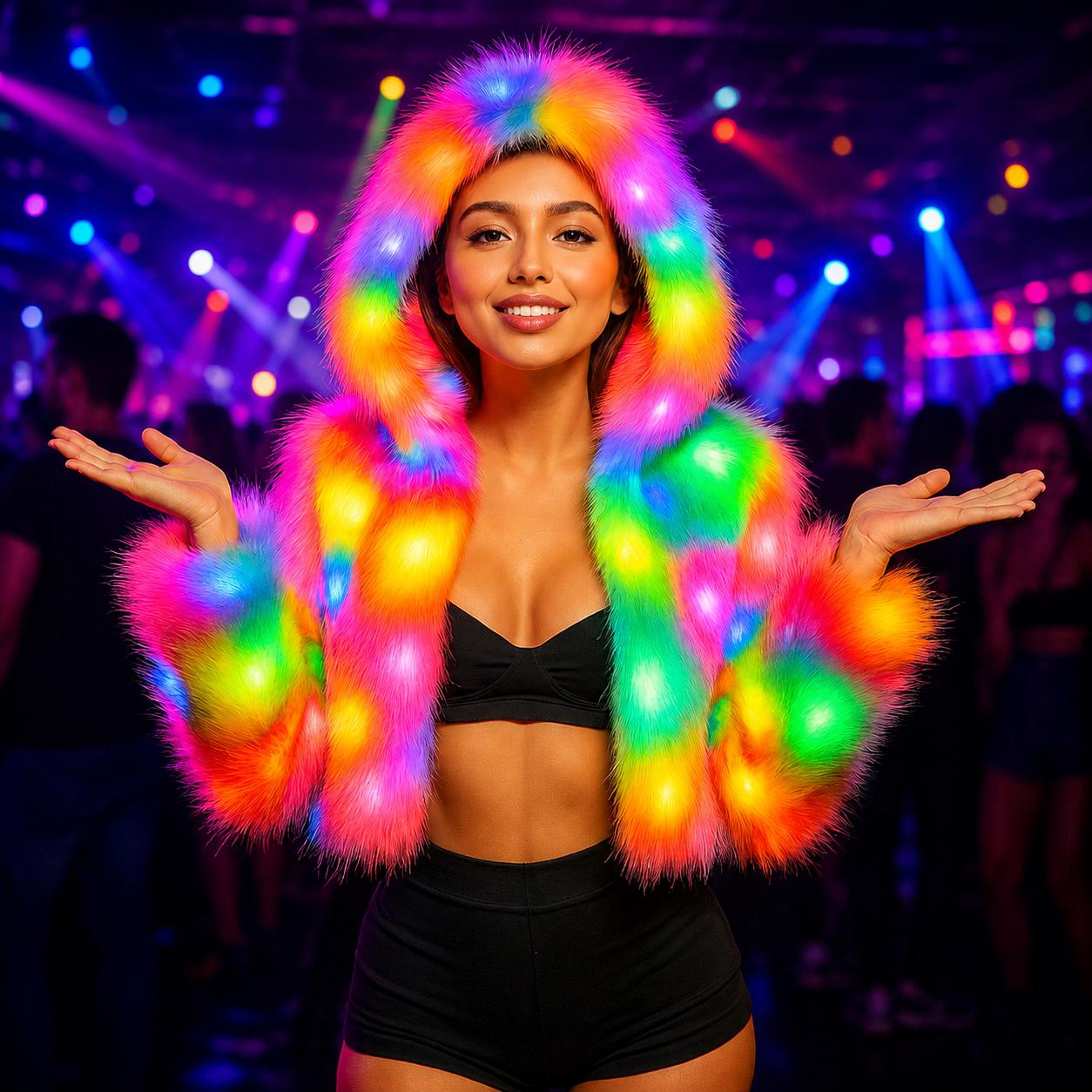 LED Color Changing Hooded Jacket Women, Light Up Winter Coat, Multicolor LED Hoodie for Rave Party & Masquerade Party , LED Rave Jacket