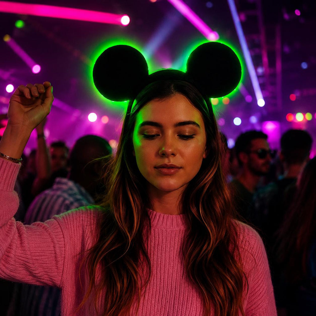 LED Glowing Neon Mouse Ears Headband, Festival Light-Up Costume Headband for Rave, Masquerade& Carnival Party | Micky Mouse Rave Headband