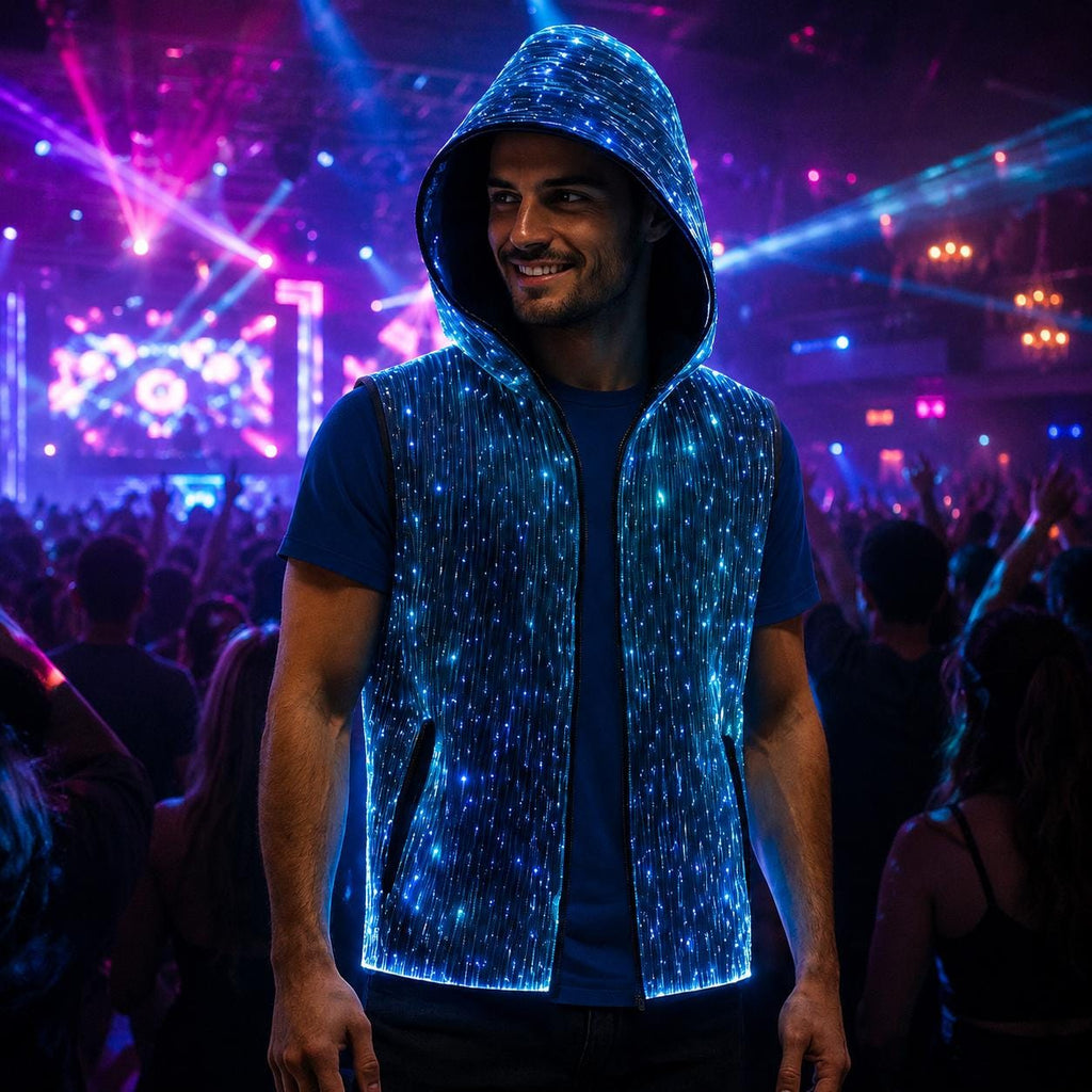 Men's LED Fiber Optic Luminous Vest, Light Up Festival Techwear Jacket For Rave, Masquerade & Carnival Party | LED Sleeveless Vest