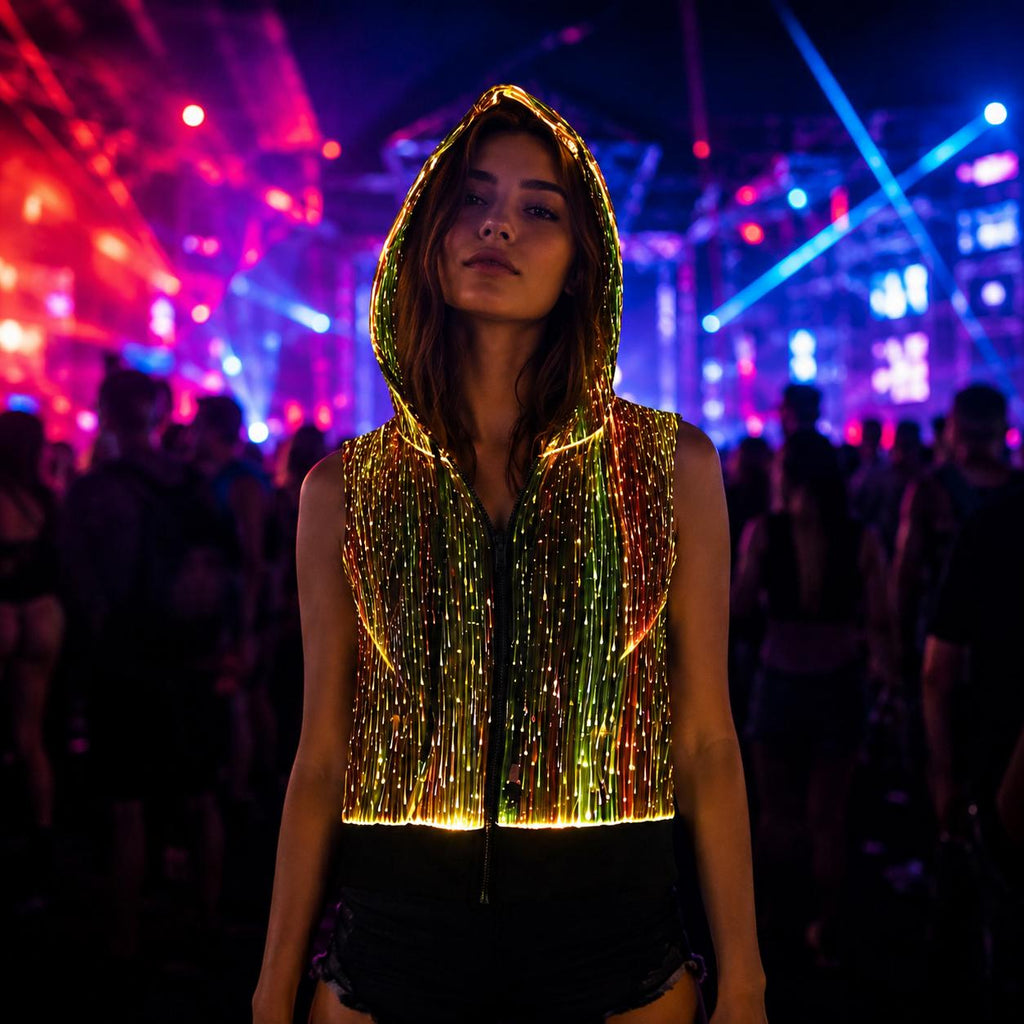 Light Up Women's Fiber Optic Hooded Sleeveless Jacket, LED Festival Vest, LED Glowing Rave, Masquerade & Carnival Party Hoodie Wear