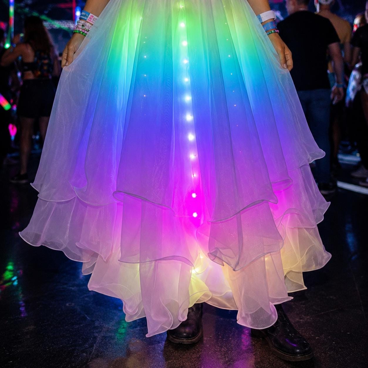 LED Light Up Belly Dance Split Skirt for Women, Glowing Festival Dance Costume For Rave, Masquerade & Carnival Party Costume, LED Skirt, Bra