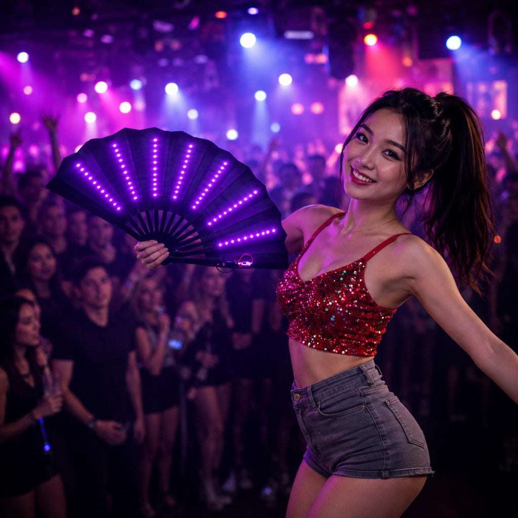 LED Glow Folding Hand Fan, Light Up Dance Fan Black, Fluorescent Party Fan For Rave, Masquerade & Carnival Party | LED Light Up Hand Fan