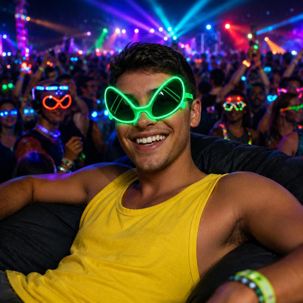 LED Alien Style Neon Glasses, Light Up Party Eyewear, Glow Festival Glasses for Rave, Masquerade and Carnival Party Halloween Funny Glasses