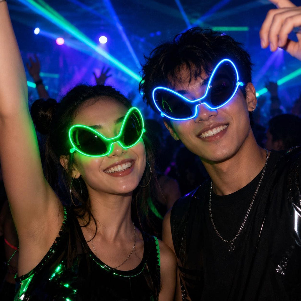 LED Alien Style Neon Glasses, Light Up Party Eyewear, Glow Festival Glasses for Rave, Masquerade and Carnival Party Halloween Funny Glasses