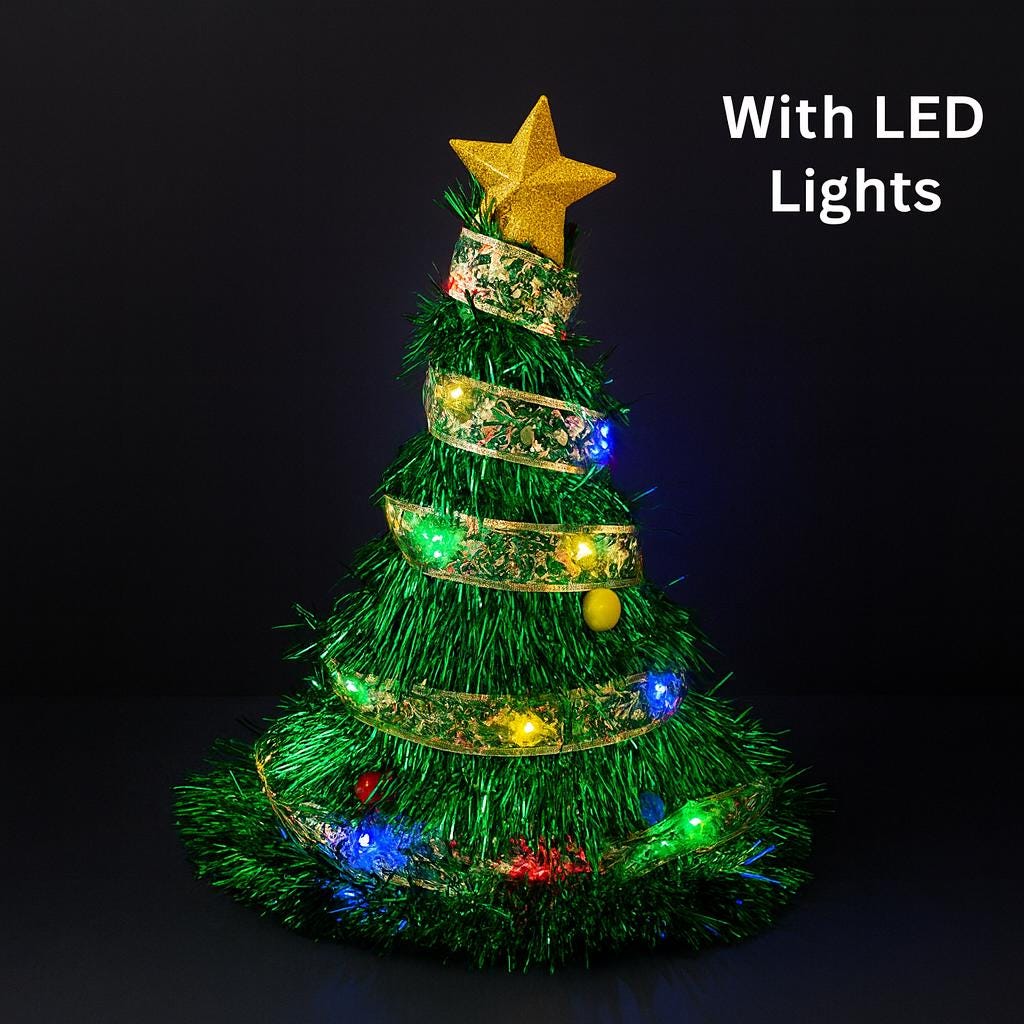 LED Light Up Christmas Tree Hat, Glowing Holiday Party Cap, Funny Ribbon Santa Style Hat, Xmas Costume Accessory For Rave & Halloween Party