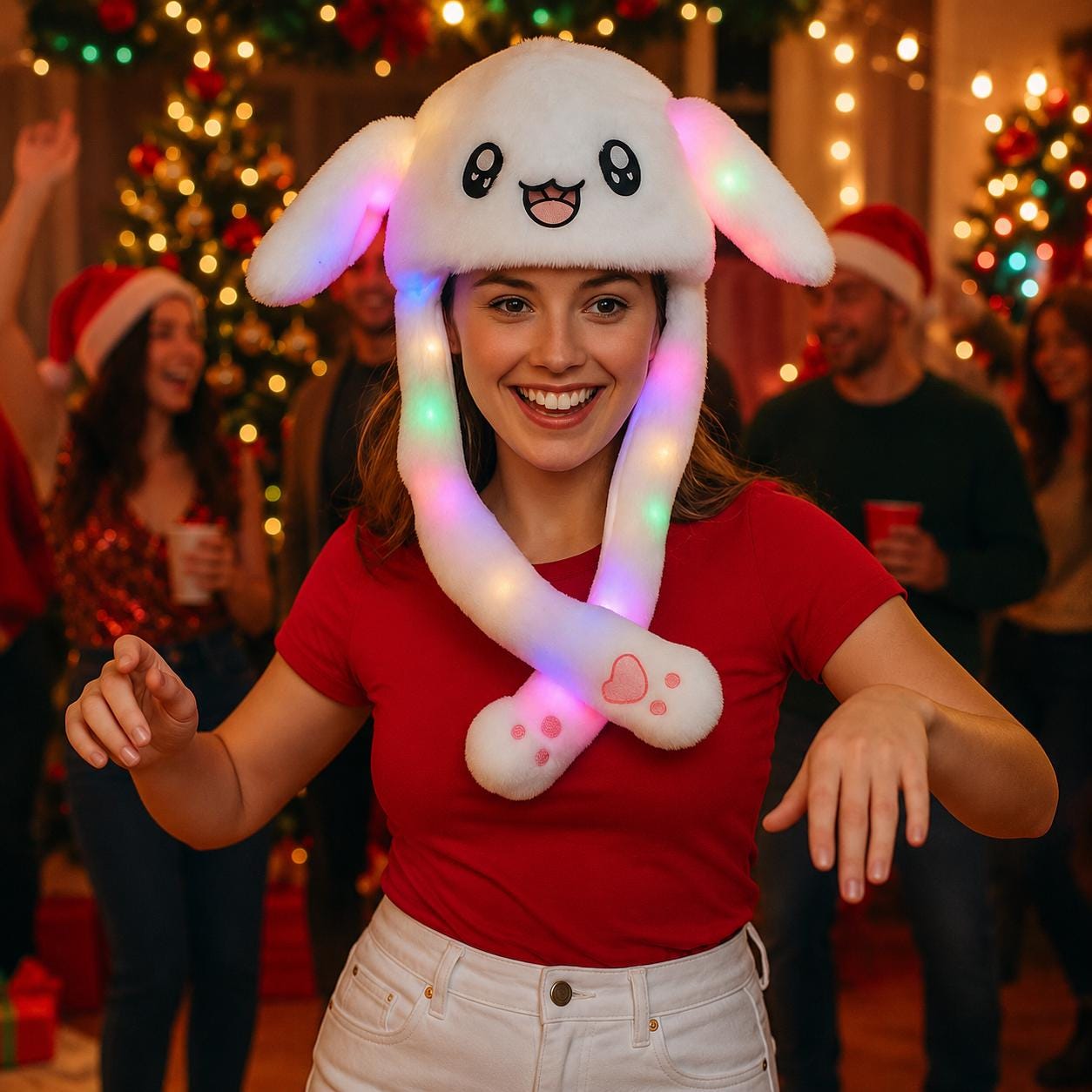 LED Light Up Bunny Ear Hat, Jumping Plush Rabbit Cap, Glowing Funny Costume Hat for Adults & Kids, Christmas and  Rave Party Bunny Ear Hat