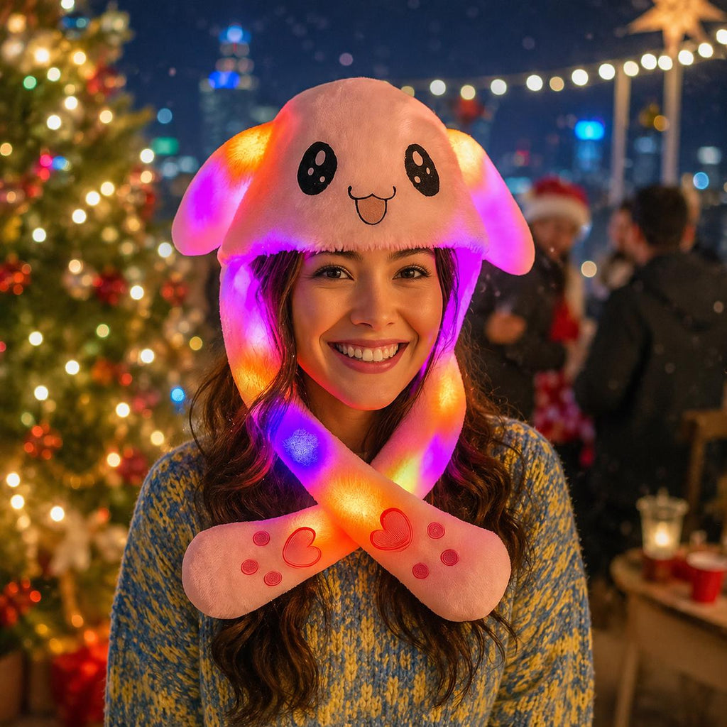 LED Light Up Bunny Ear Hat, Jumping Plush Rabbit Cap, Glowing Funny Costume Hat for Adults & Kids, Christmas and  Rave Party Bunny Ear Hat
