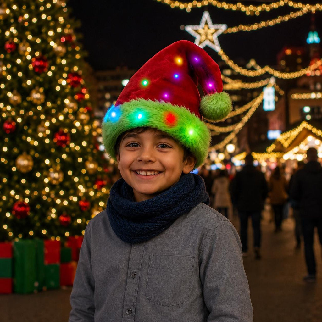 LED Light Up Christmas Santa Hat, Plush Red & Green Holiday Cap for Adults and Kids, Glowing Xmas Costume Cap For Rave and Christmas Party