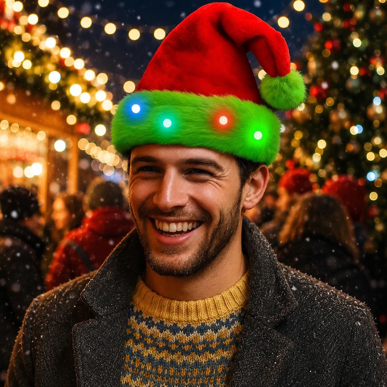 LED Light Up Christmas Santa Hat, Plush Red & Green Holiday Cap for Adults and Kids, Glowing Xmas Costume Cap For Rave and Christmas Party