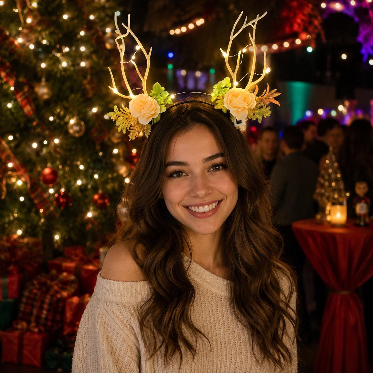 LED Glow Flower Reindeer Headband for Women & Girls, Light Up Elk Antler Tree Branch Hair Accessory For  Rave, Masquerade and Carnival Party