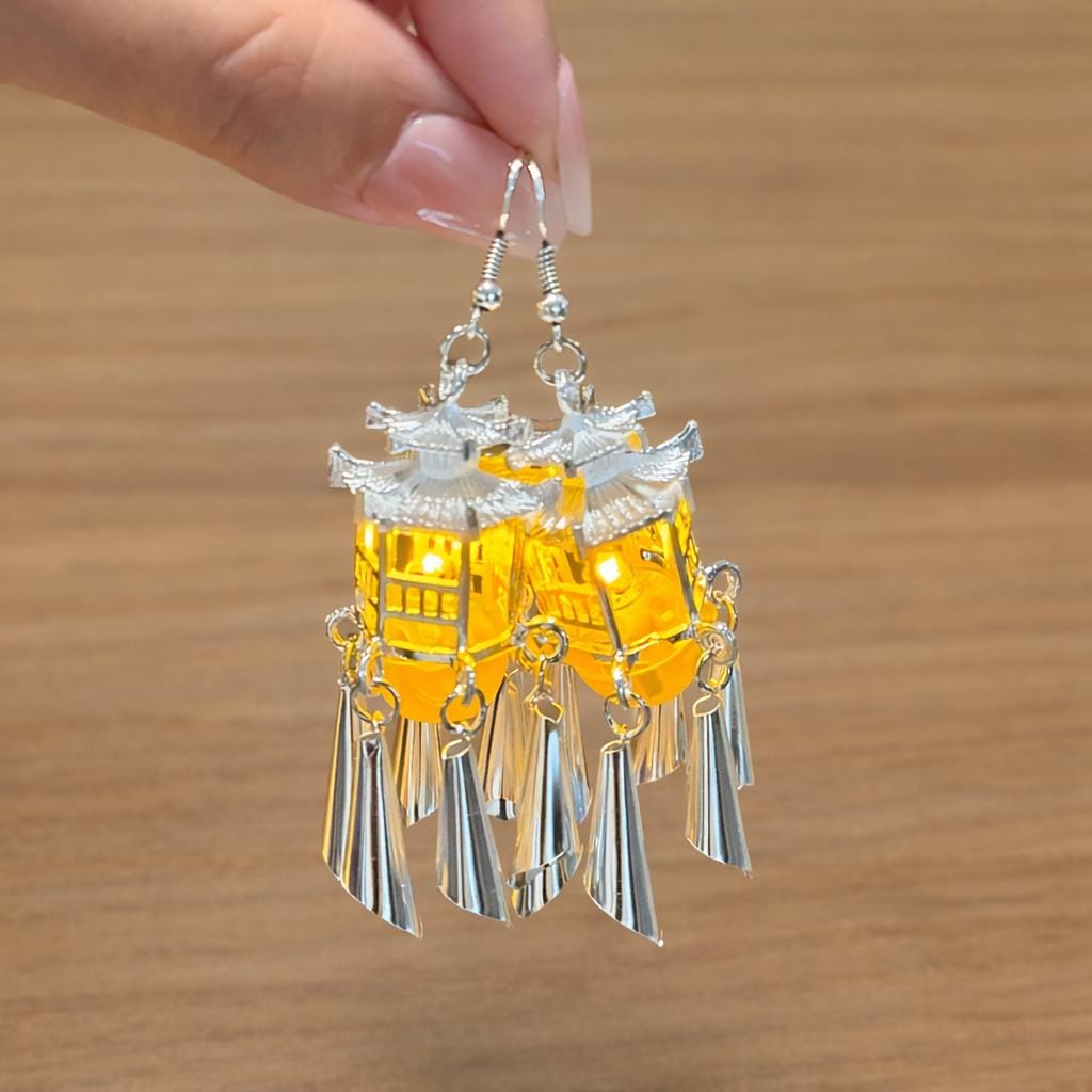 LED Rave Palace Lantern Tassel Earrings, Retro Silver Bell Drop Earrings, LED Festival Jewelry for Rave, Masquerade and Carnival Party,