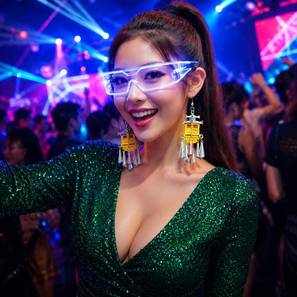 LED Rave Palace Lantern Tassel Earrings, Retro Silver Bell Drop Earrings, LED Festival Jewelry for Rave, Masquerade and Carnival Party,