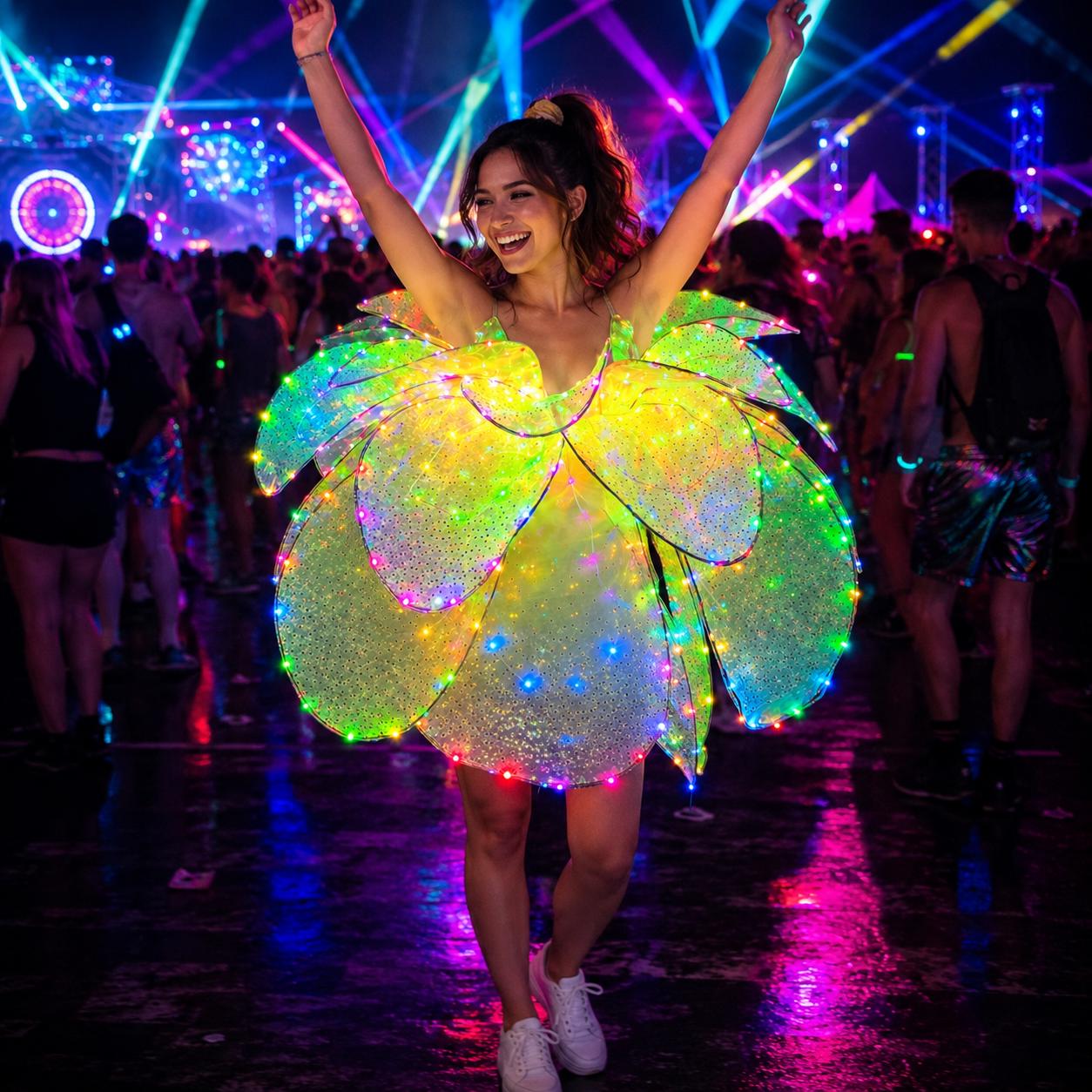 LED Flower Petal Performance Dress for Women, Color Changing Light Up Blossom Costume, Rave Party Outfit, Masquerade Party Dance Dress