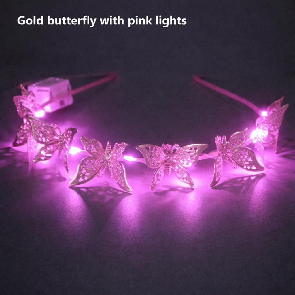 LED Butterfly Tiara Crown Headband for Women & Girls, Light Up Princess Headpiece, Gold Festival Hair Accessory, Bridal Rave Prom Costume
