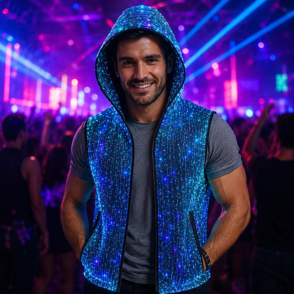 Men's LED Fiber Optic Luminous Vest, Light Up Festival Techwear Jacket For Rave, Masquerade & Carnival Party | LED Sleeveless Vest