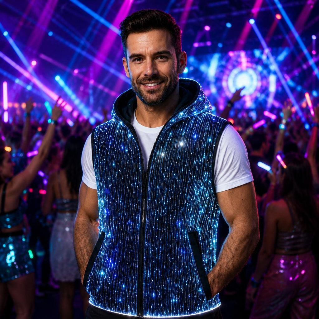 Men's LED Fiber Optic Luminous Vest, Light Up Festival Techwear Jacket For Rave, Masquerade & Carnival Party | LED Sleeveless Vest