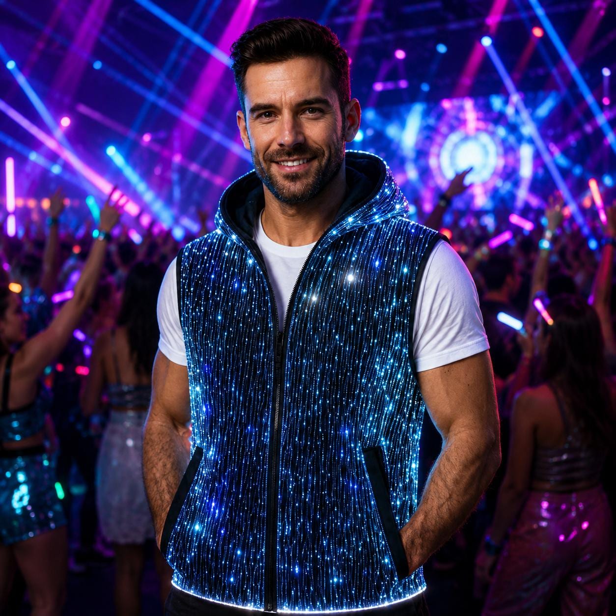 Men's LED Fiber Optic Luminous Vest, Light Up Festival Techwear Jacket For Rave, Masquerade & Carnival Party | LED Sleeveless Vest