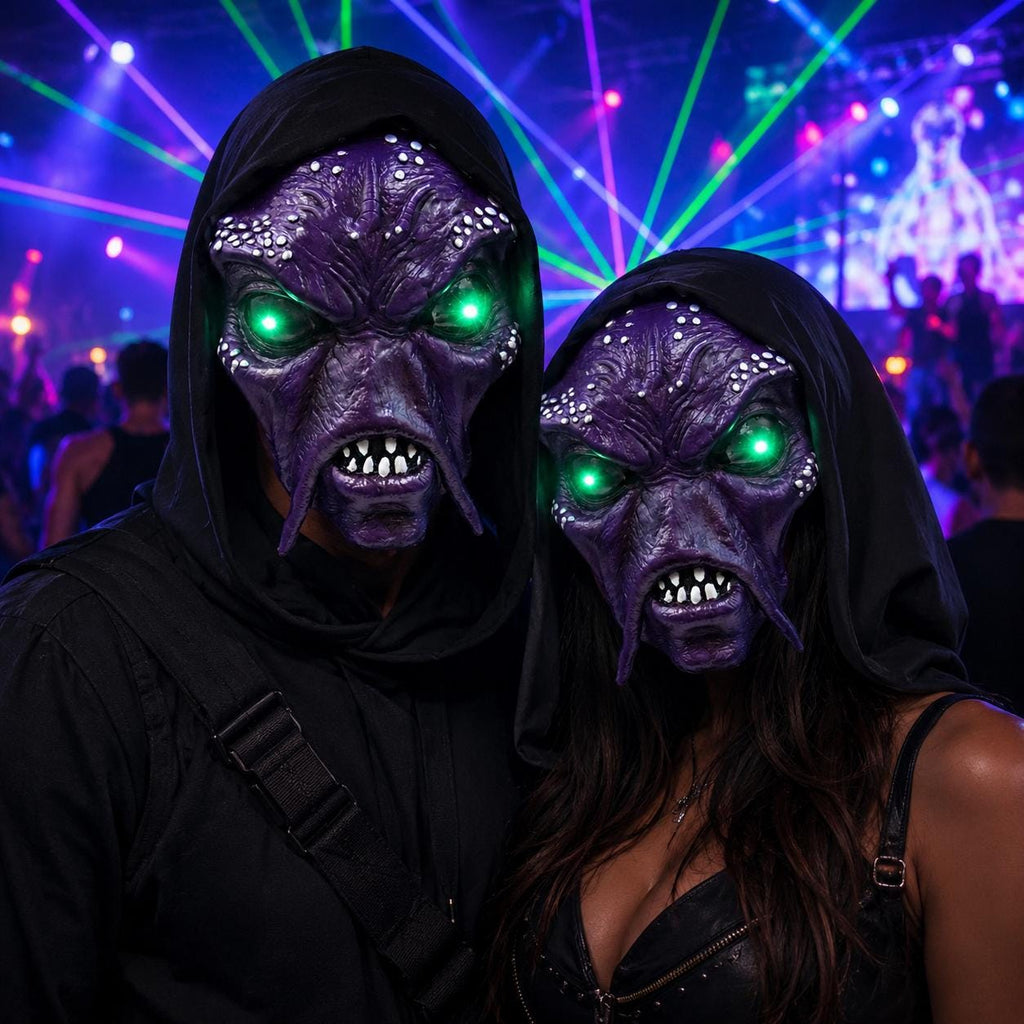 LED Glowing Green Eyes Alien Monster Mask, Purple Latex Full Head Cosplay Mask, Scary Halloween Mask For Rave, Masquerade & Carnival Party