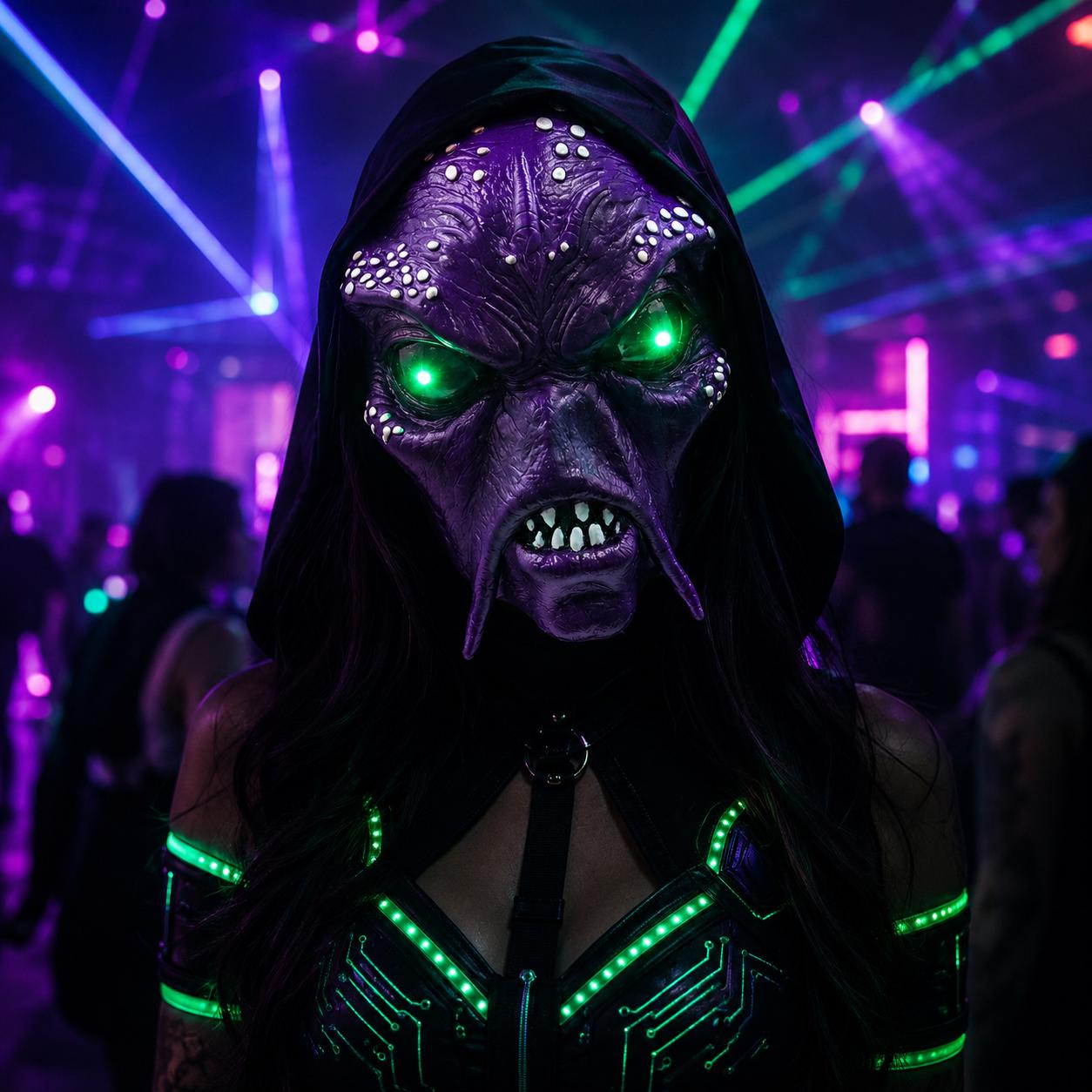 LED Glowing Green Eyes Alien Monster Mask, Purple Latex Full Head Cosplay Mask, Scary Halloween Mask For Rave, Masquerade & Carnival Party