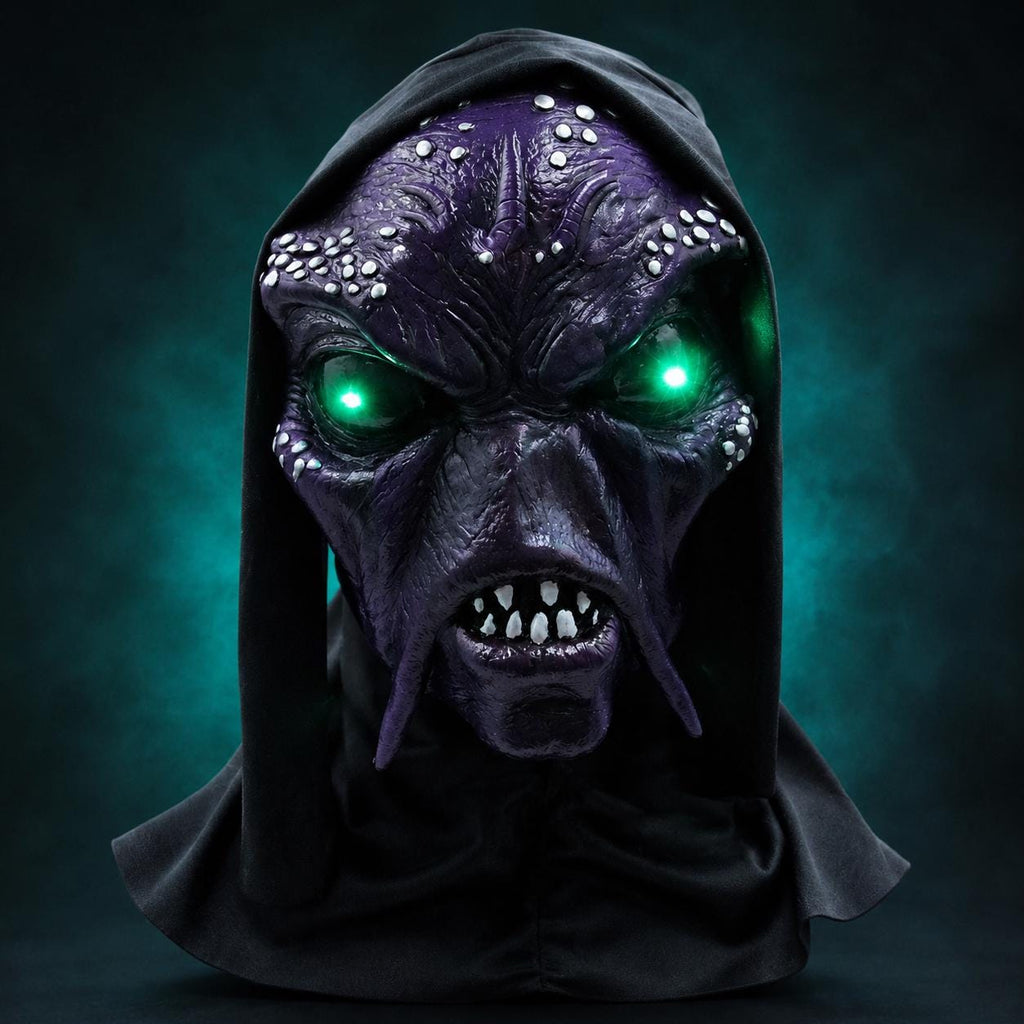 LED Glowing Green Eyes Alien Monster Mask, Purple Latex Full Head Cosplay Mask, Scary Halloween Mask For Rave, Masquerade & Carnival Party
