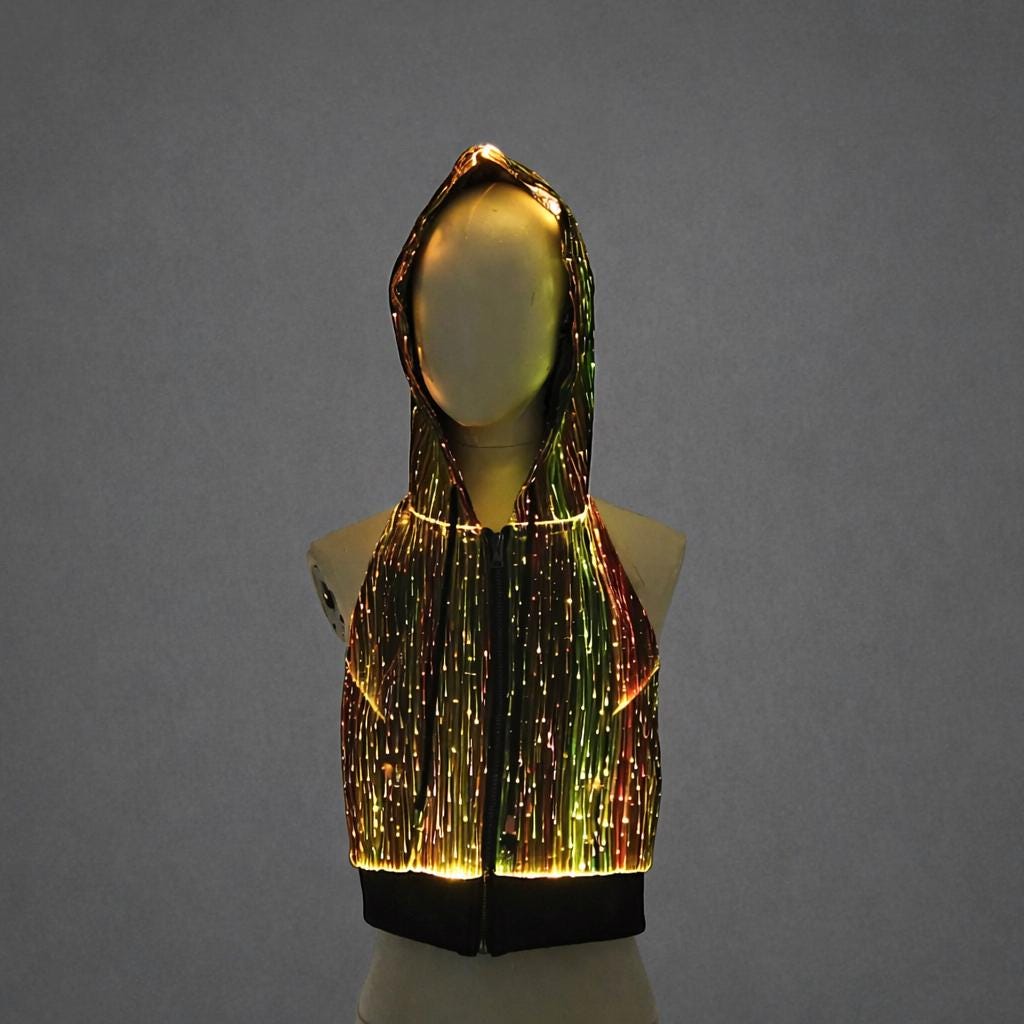 Light Up Women's Fiber Optic Hooded Sleeveless Jacket, LED Festival Vest, LED Glowing Rave, Masquerade & Carnival Party Hoodie Wear