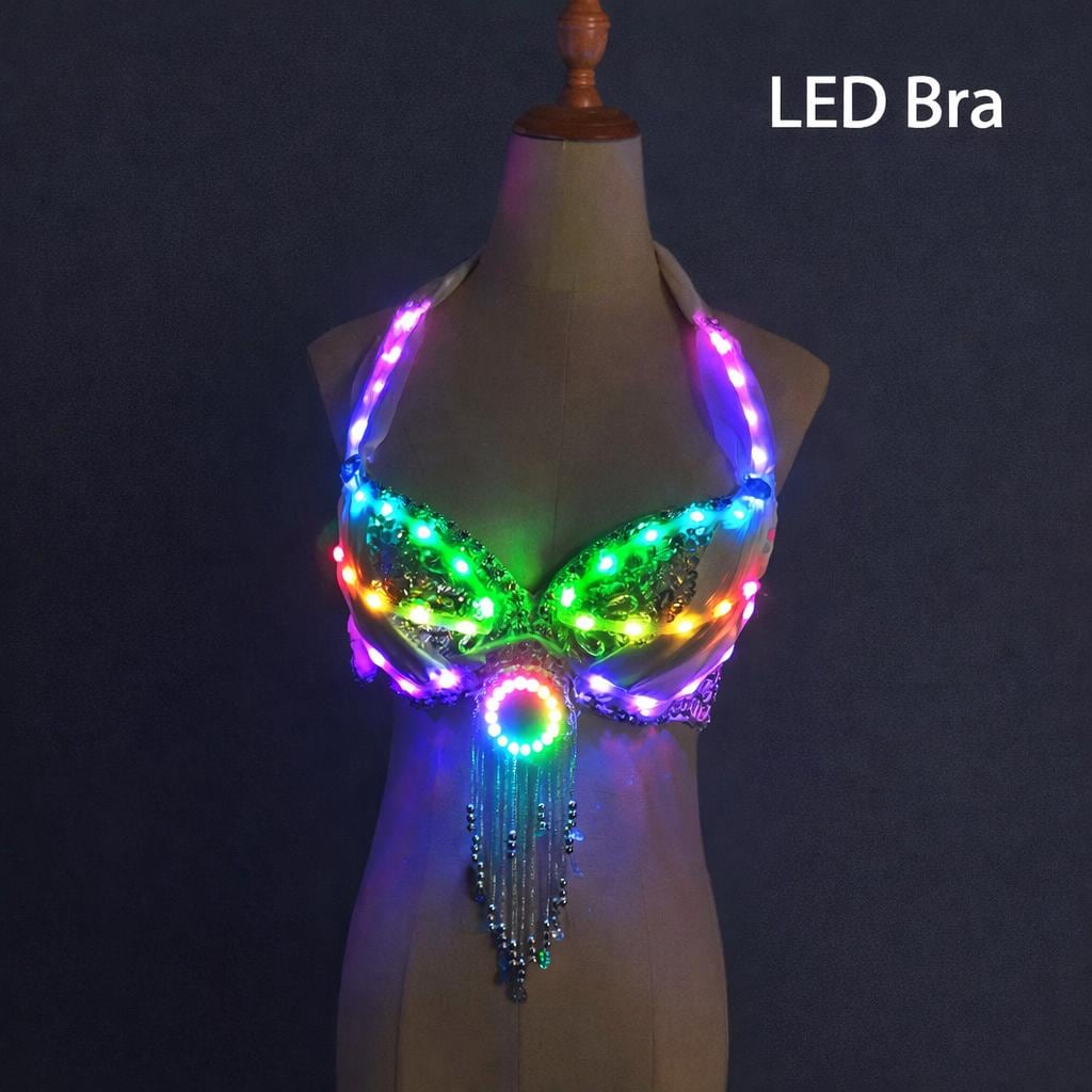 LED Light Up Belly Dance Split Skirt for Women, Glowing Festival Dance Costume For Rave, Masquerade & Carnival Party Costume, LED Skirt, Bra