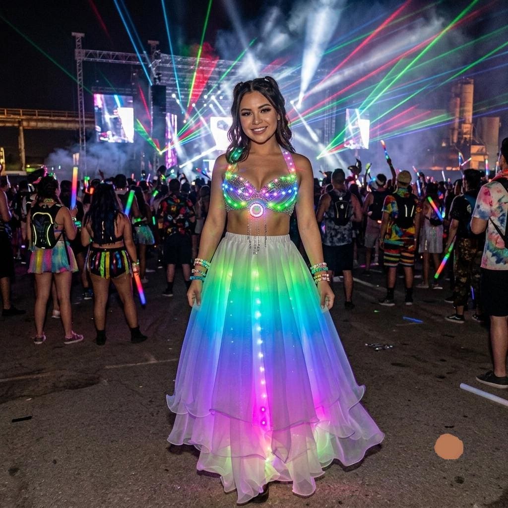 LED Light Up Belly Dance Split Skirt for Women, Glowing Festival Dance Costume For Rave, Masquerade & Carnival Party Costume, LED Skirt, Bra