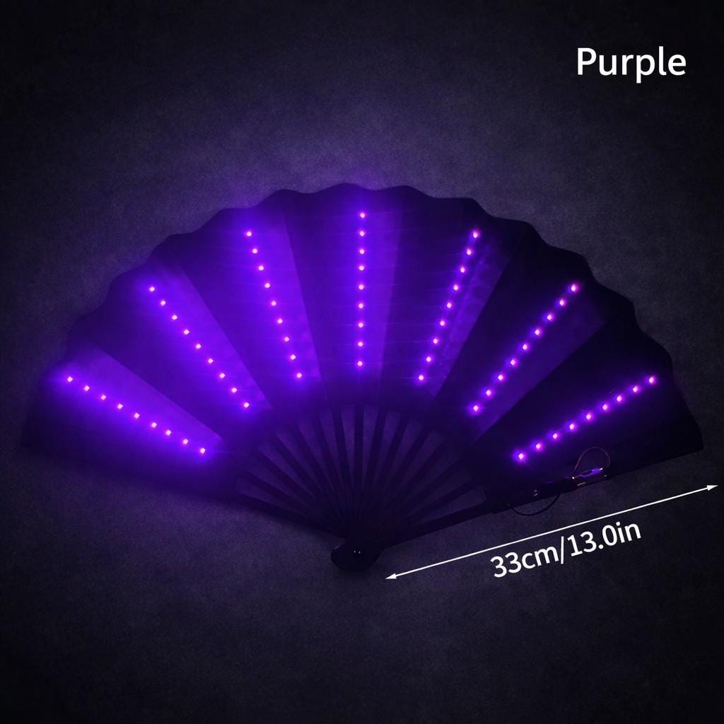 LED Glow Folding Hand Fan, Light Up Dance Fan Black, Fluorescent Party Fan For Rave, Masquerade & Carnival Party | LED Light Up Hand Fan